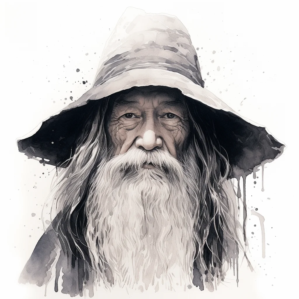old man wizard enchant face head painting black and white