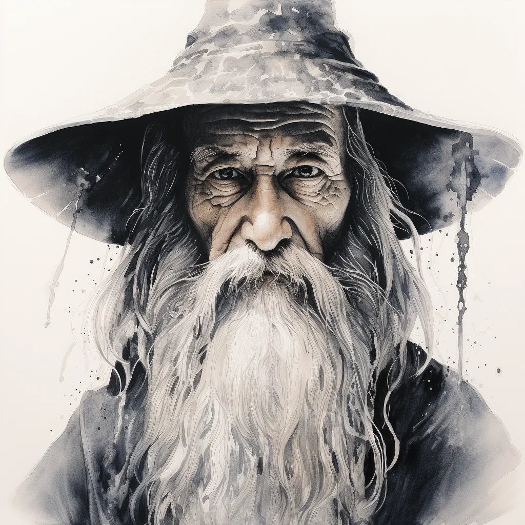 old man wizard enchant head painting black and white