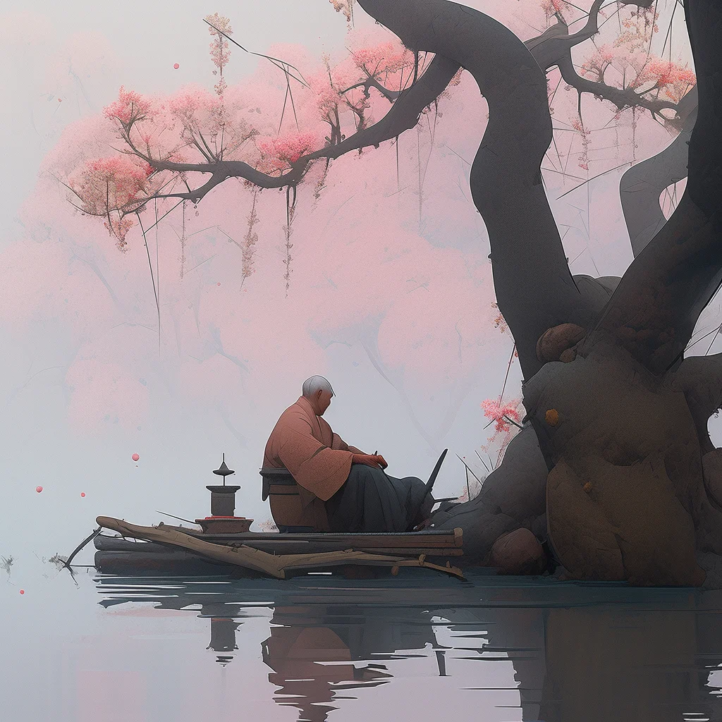 oldman grandpa taoist peach blossom priest sit tree 3d illustration