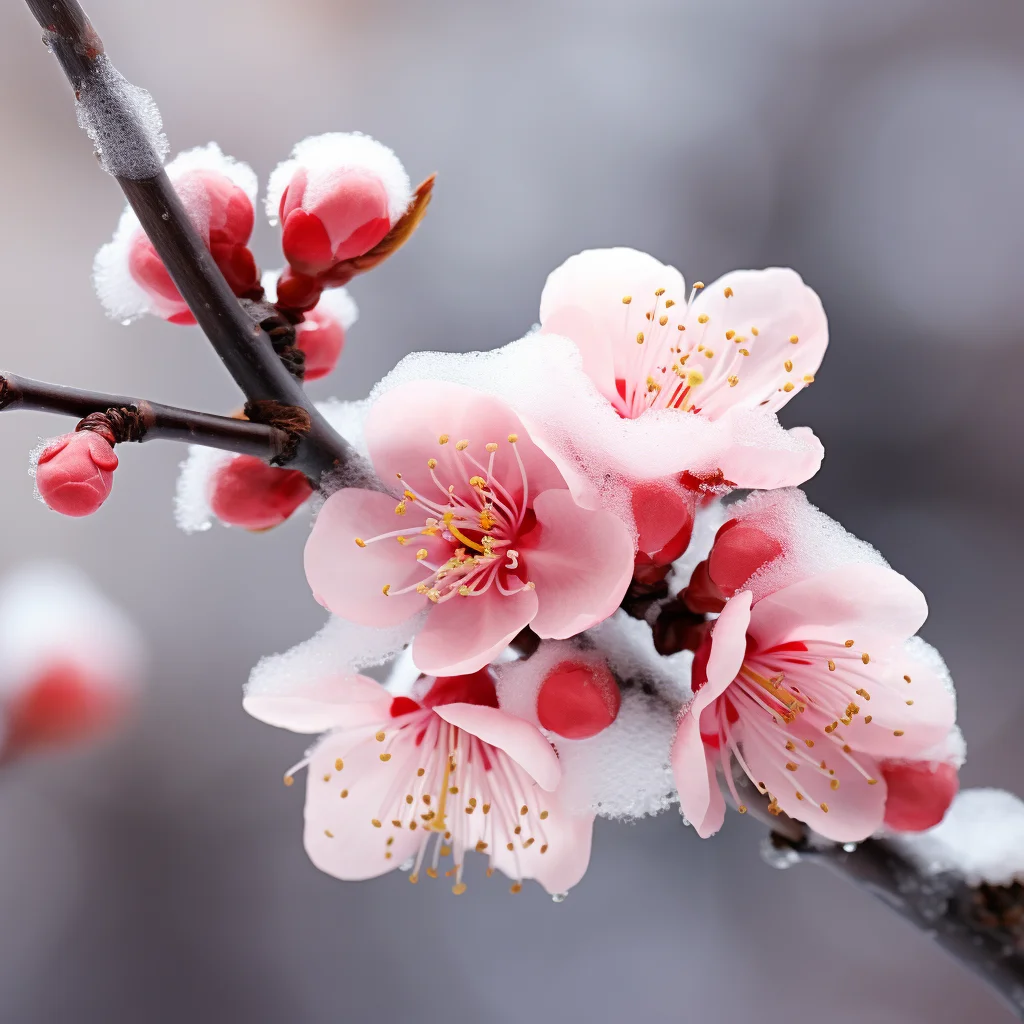 pink flower petal plum blossom winter snow photography