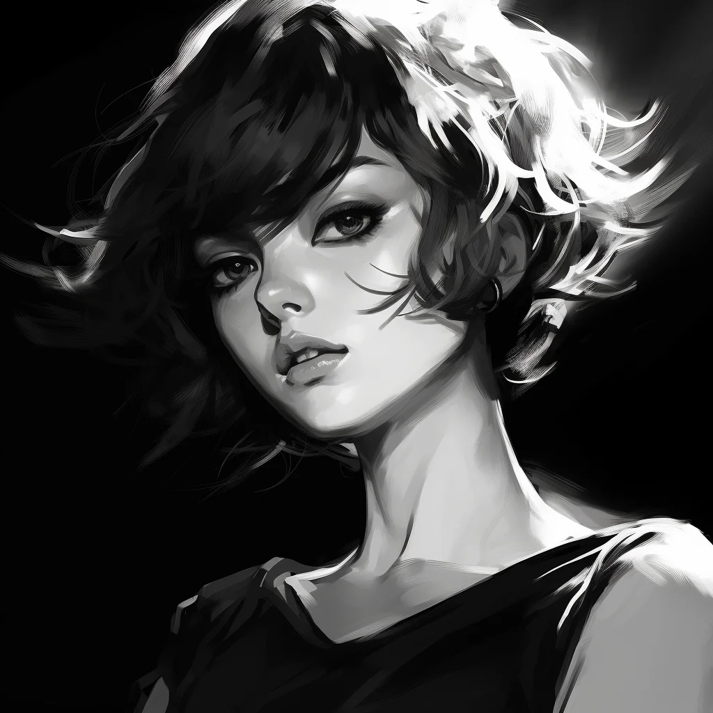 woman anime portrait hair cool lady black and white painting