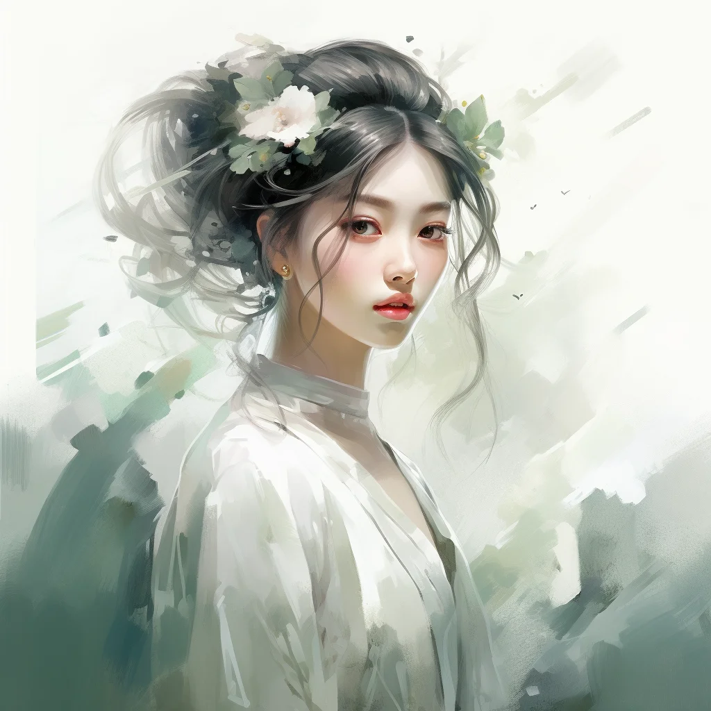 woman fairy profile mint green flower painting ink brush