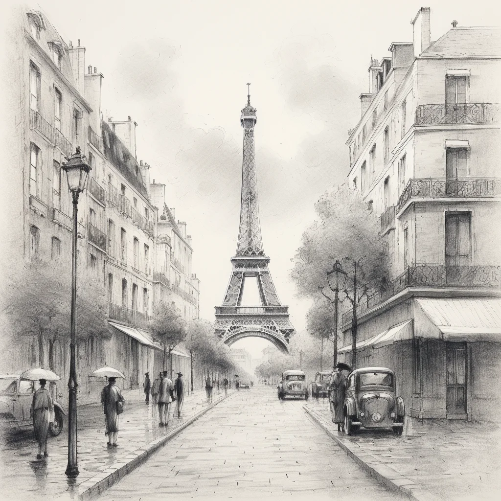 Paris Eiffel Tower street pencil drawing sketch
