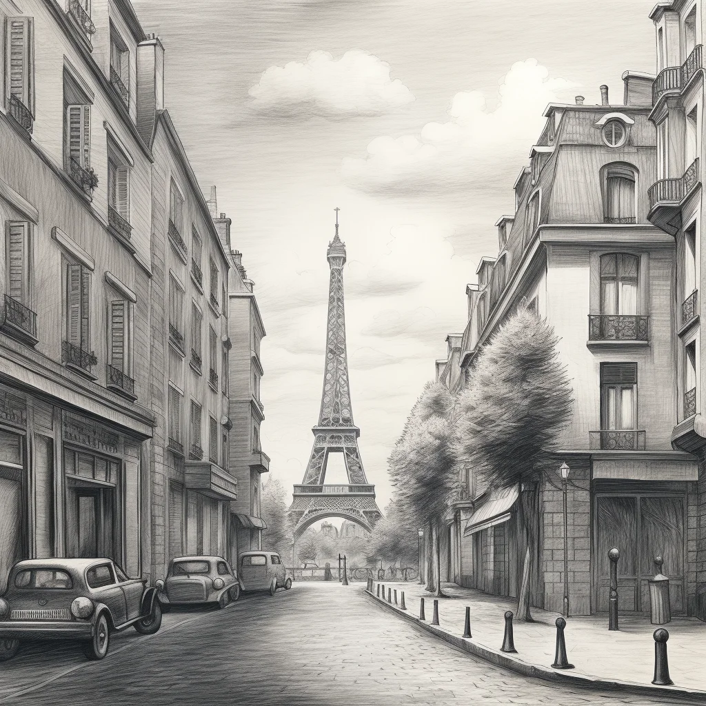 Paris building Eiffel Tower street pencil drawing sketch scene