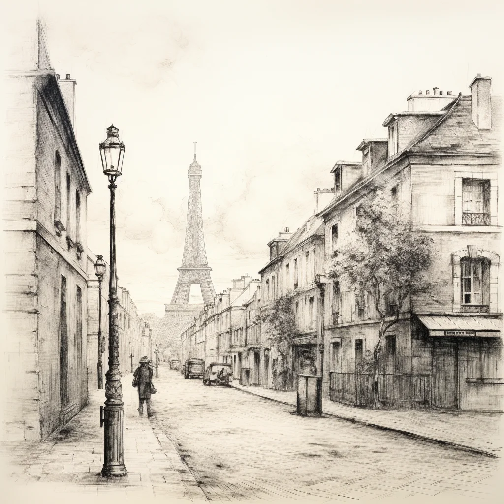 Paris building Eiffel Tower street pencil drawing sketch