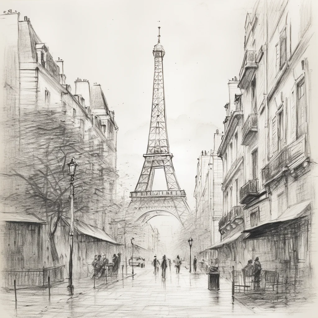 Paris scene building Eiffel Tower street pencil drawing sketch
