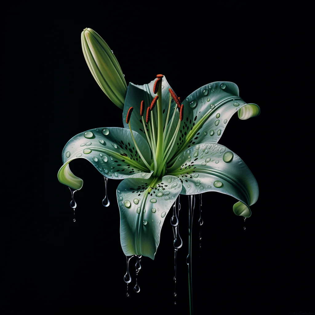 green lily flower dripping water drop liquid rain