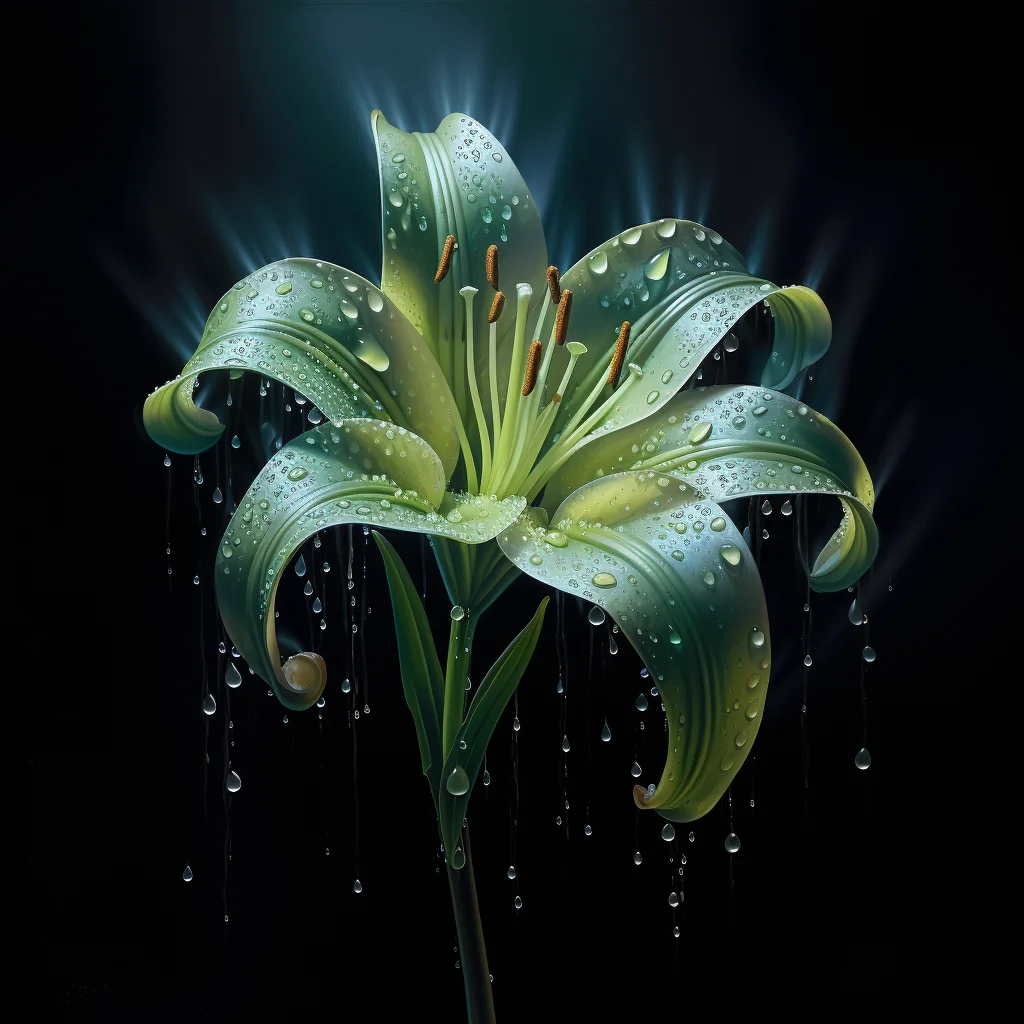 green lily flower dripping water rain drop liquid