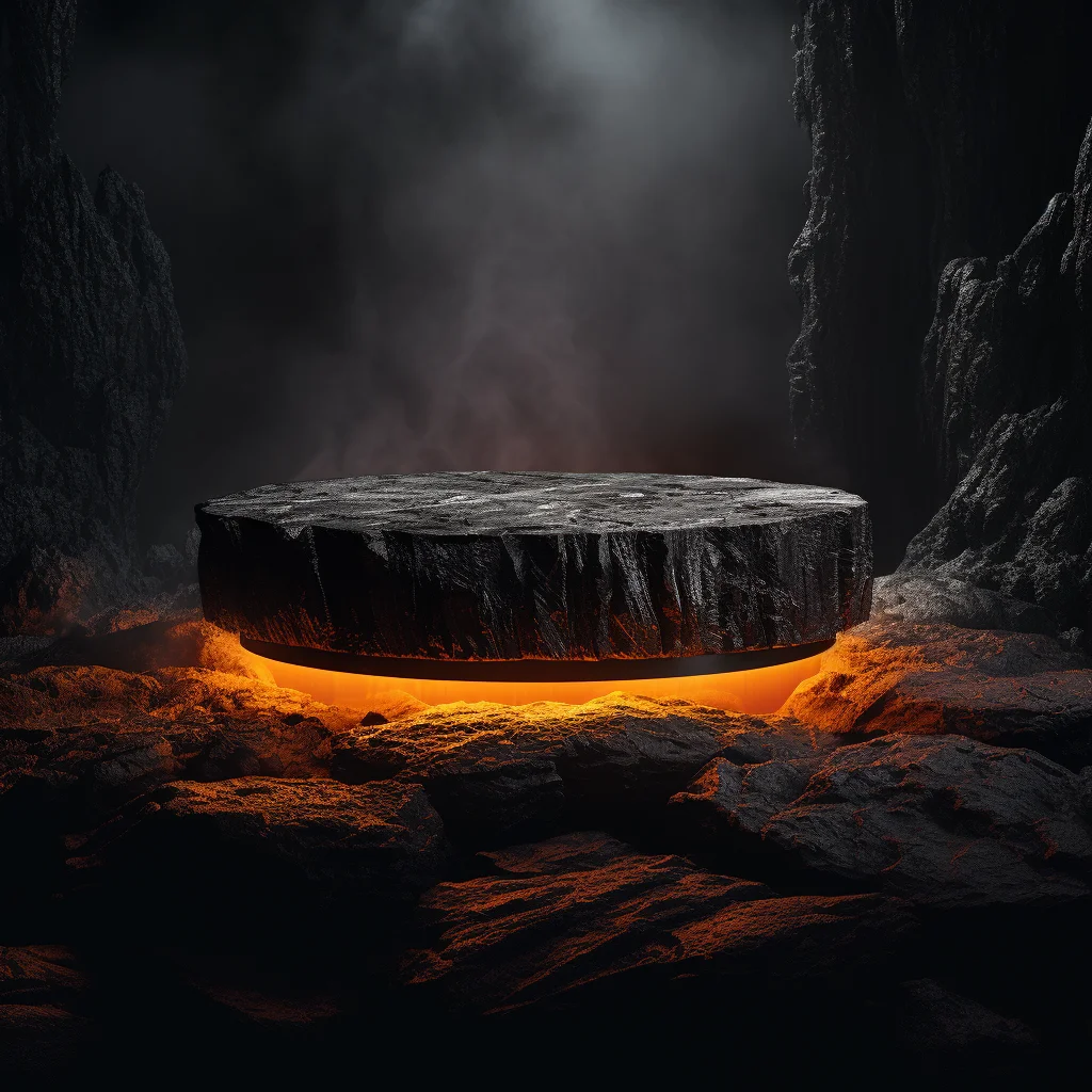 lava coal flat round podium orange fire rock stage scene