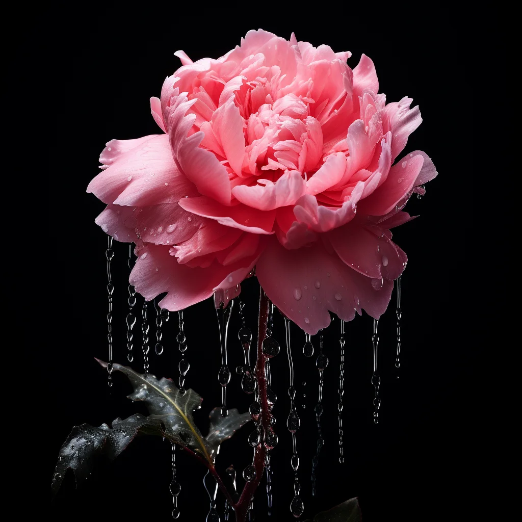 liquid rain pink peony flower dripping water drop