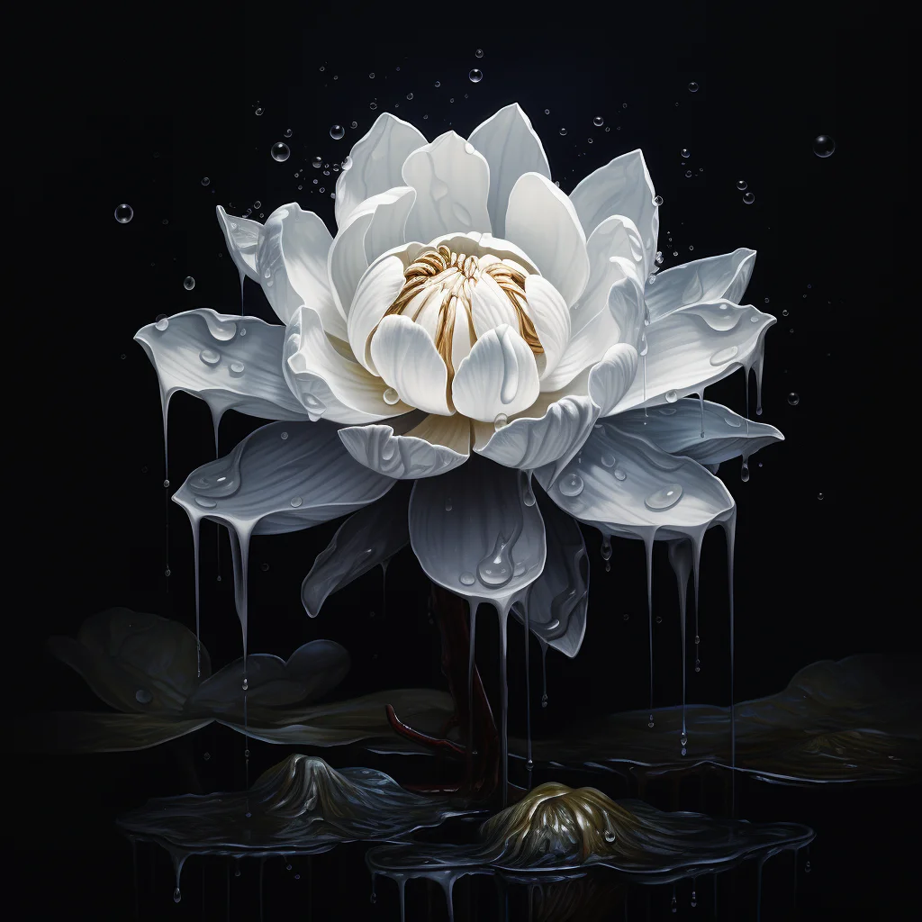 liquid rain white lotus flower dripping water drop