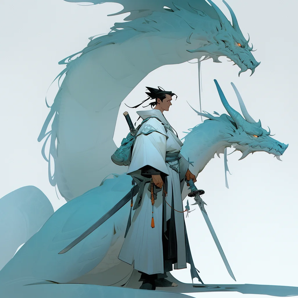 male warrior man Chinese dragon character Japanese 3d illustration