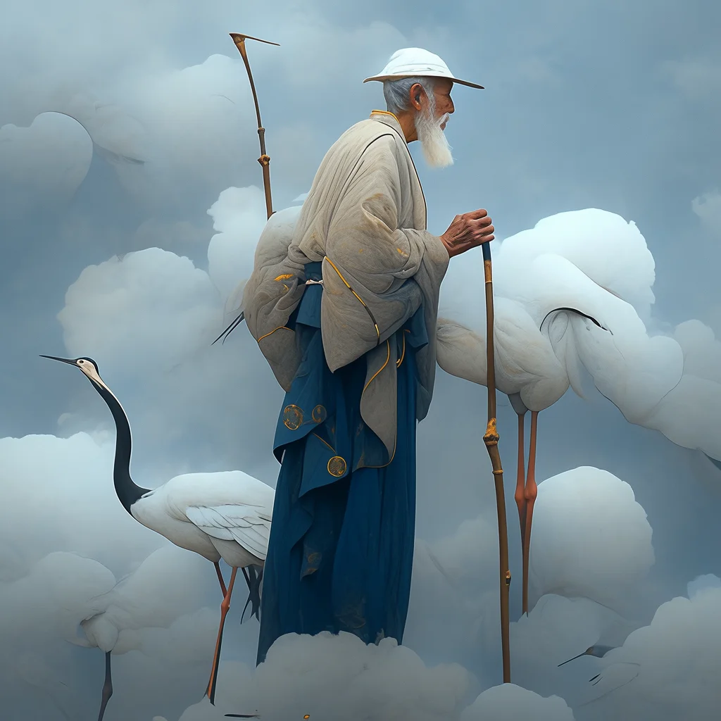 oldman grandpa crane walking stick Chinese Japanese 3d cartoon illustration