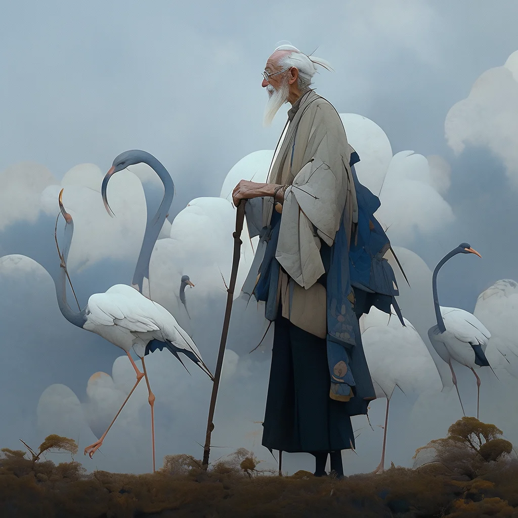 oldman grandpa crane walking stick Chinese character 3d cartoon illustration