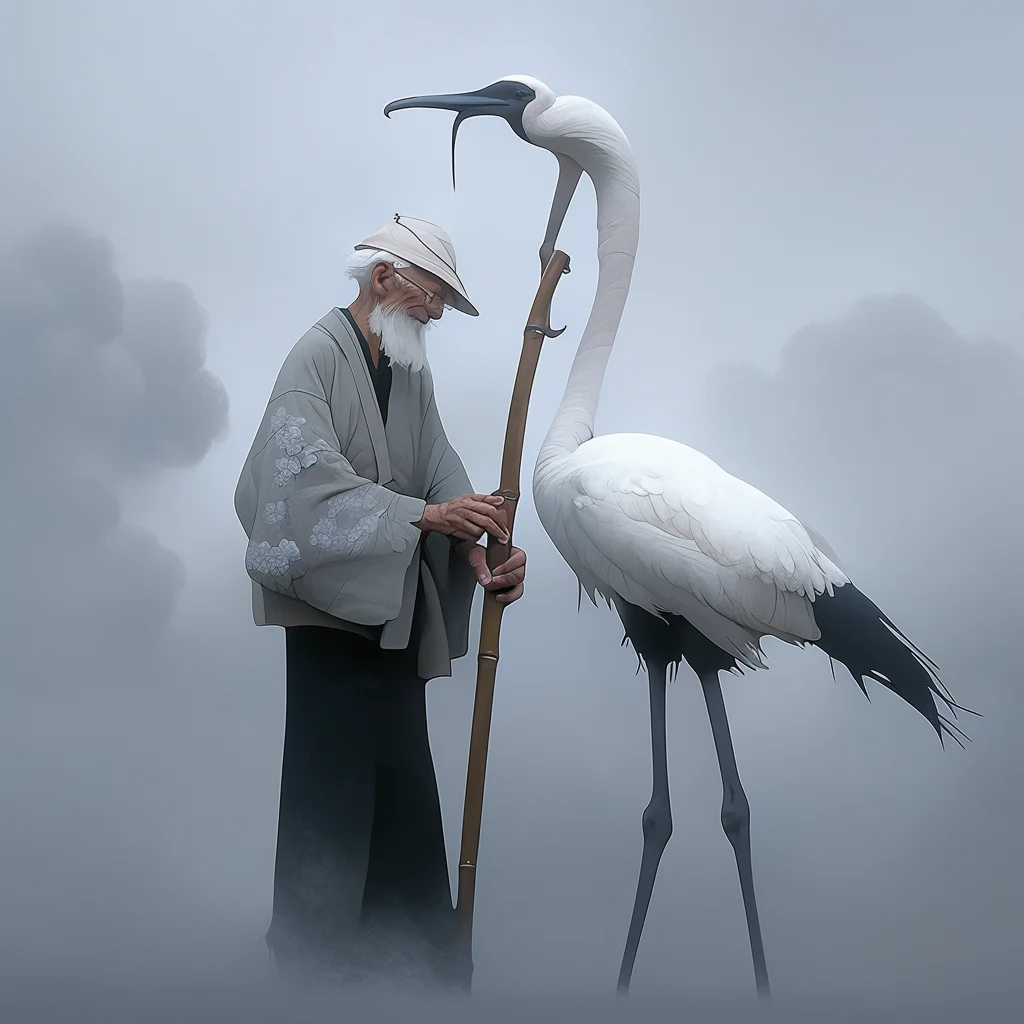 oldman grandpa crane walking stick Chinese character Japanese 3d cartoon illustration