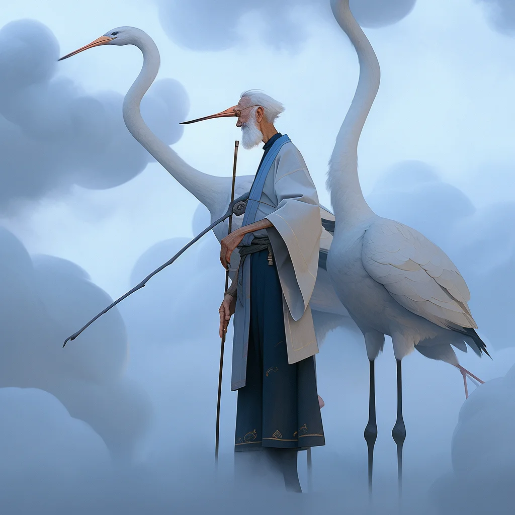 oldman old man grandpa crane walking stick Chinese character Japanese 3d cartoon illustration