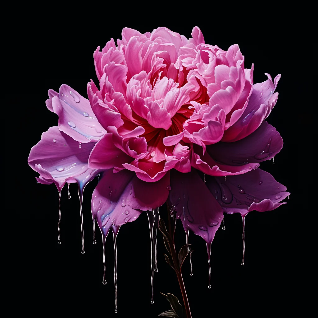 pink peony flower dripping water drop liquid rain