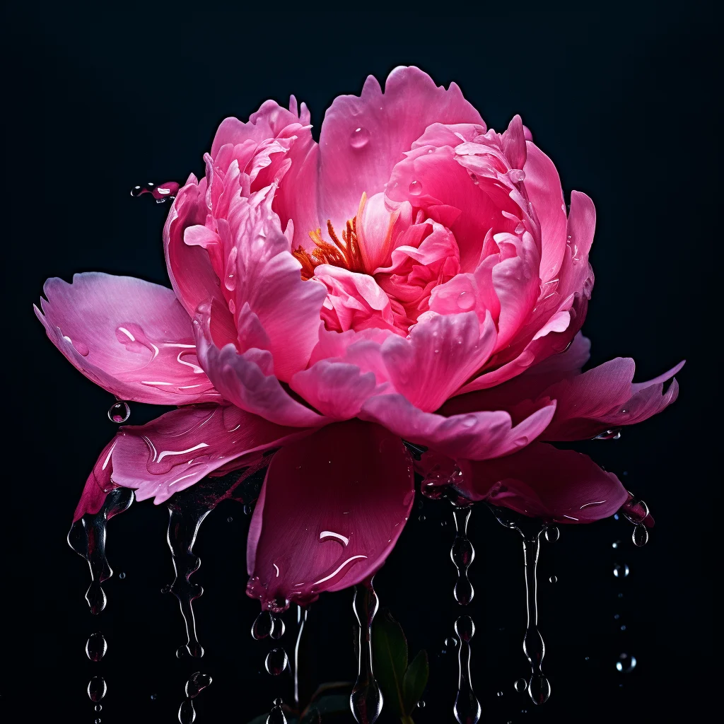 pink peony flower dripping water drop rain liquid
