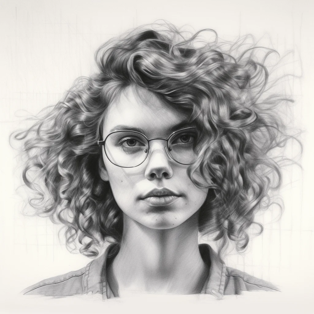 woman lady glasses curly hair female head black and white drawing sketch pencil