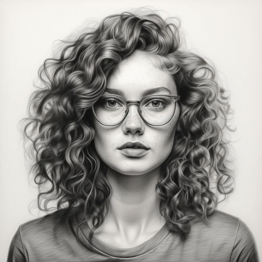 woman lady glasses curly hair female head sketch black and white drawing pencil