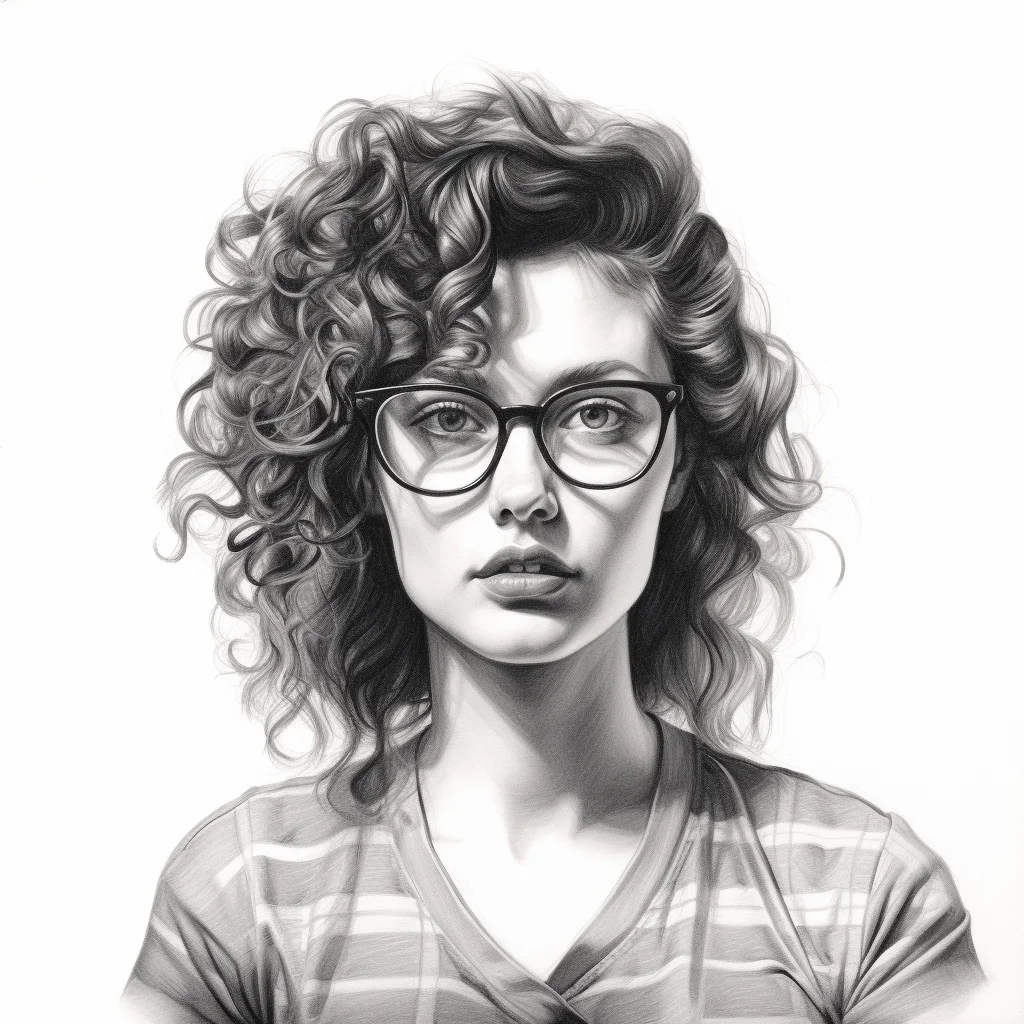 woman lady glasses curly hair female head sketch black and white pencil drawing