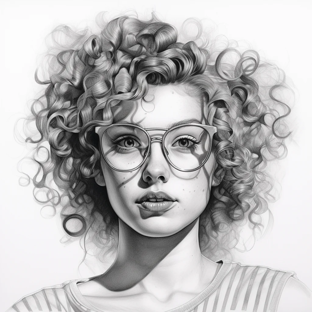 woman lady glasses curly hair female head sketch pencil drawing black and white