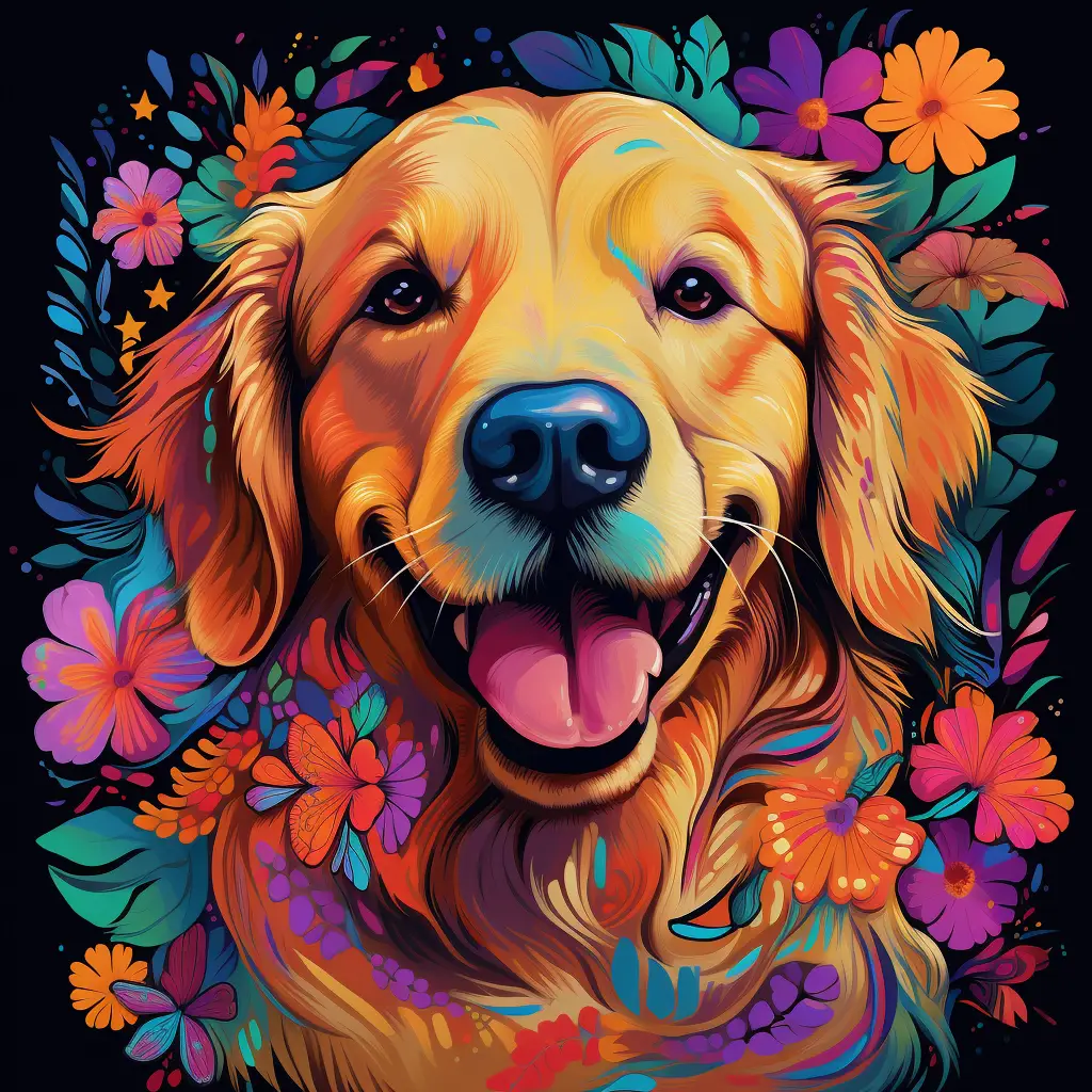 golden retriever dog head flower colorful illustration painting