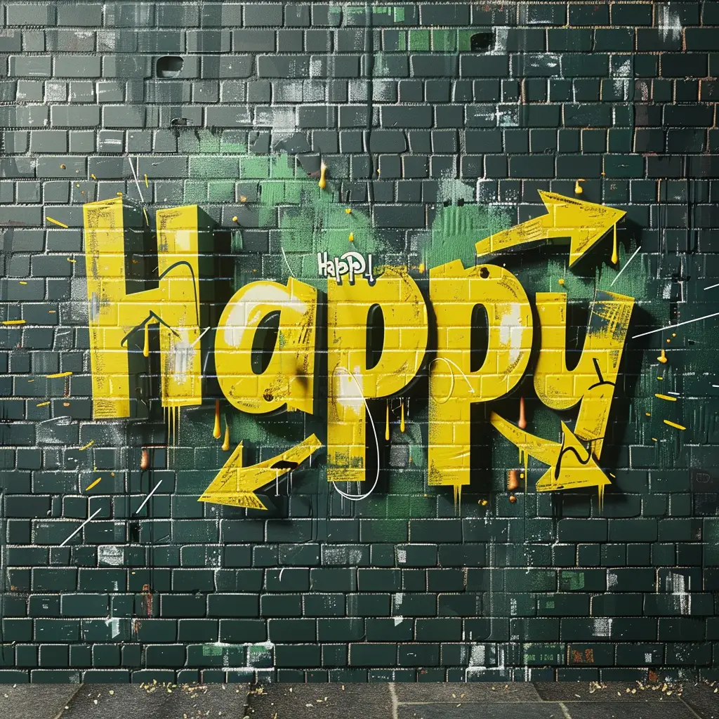 Happy font type word graffiti wall painting typography art
