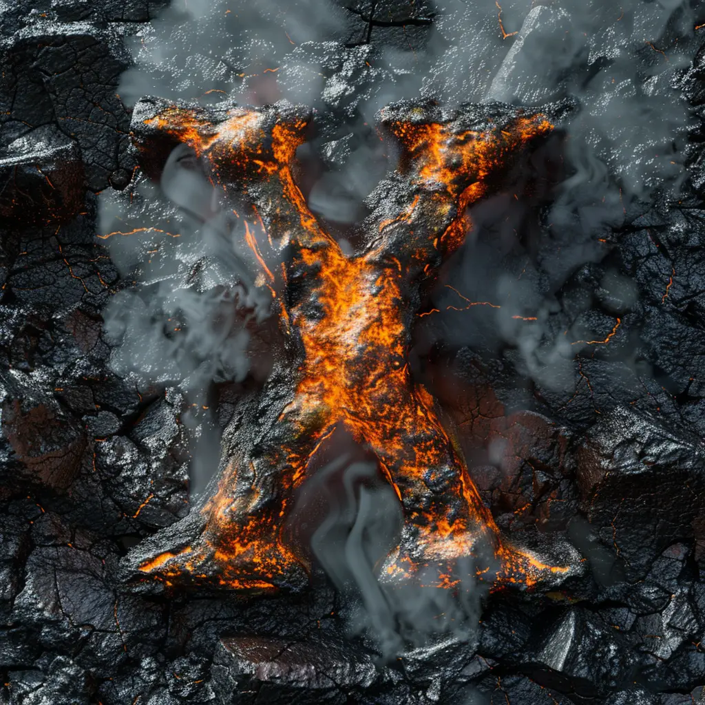 X letter lava type rock font flowing word
