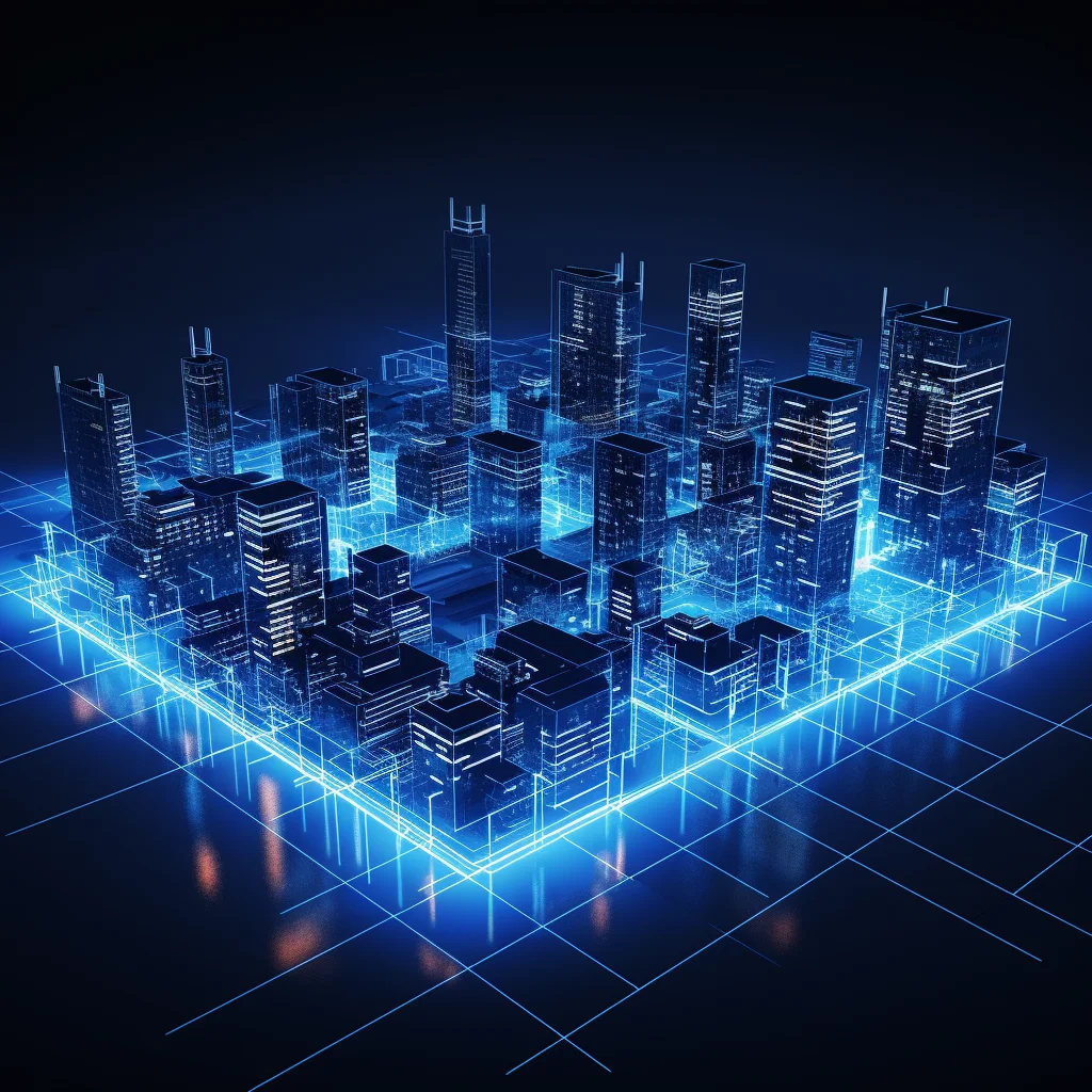 city building wireframe structural isometric digital technological technology perspective