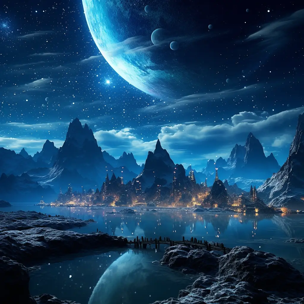 dark surreal sky moonlight starlight tree star blue night river galaxy virtual dream