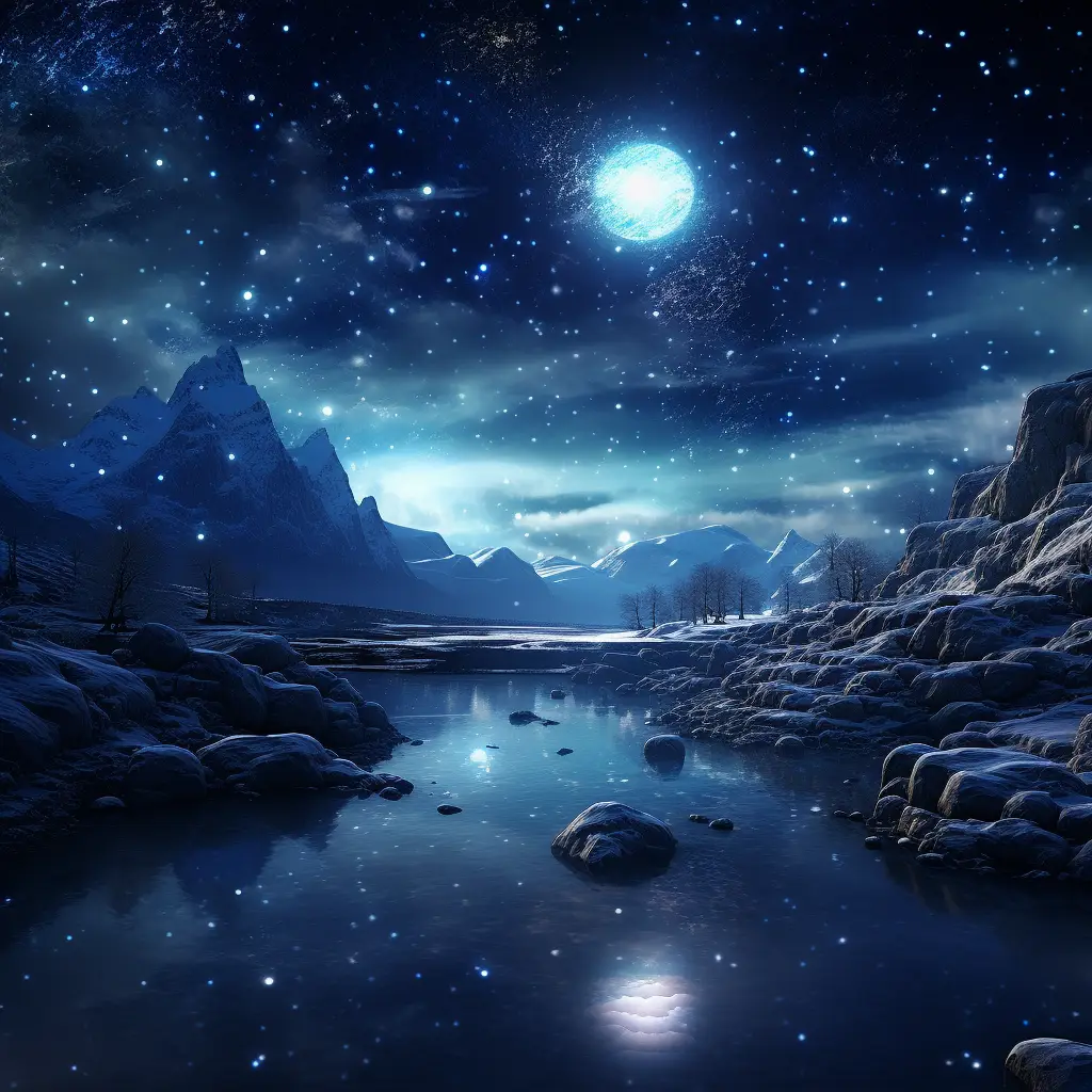 dark surreal sky moonlight starlight tree star galaxy blue night river virtual dream