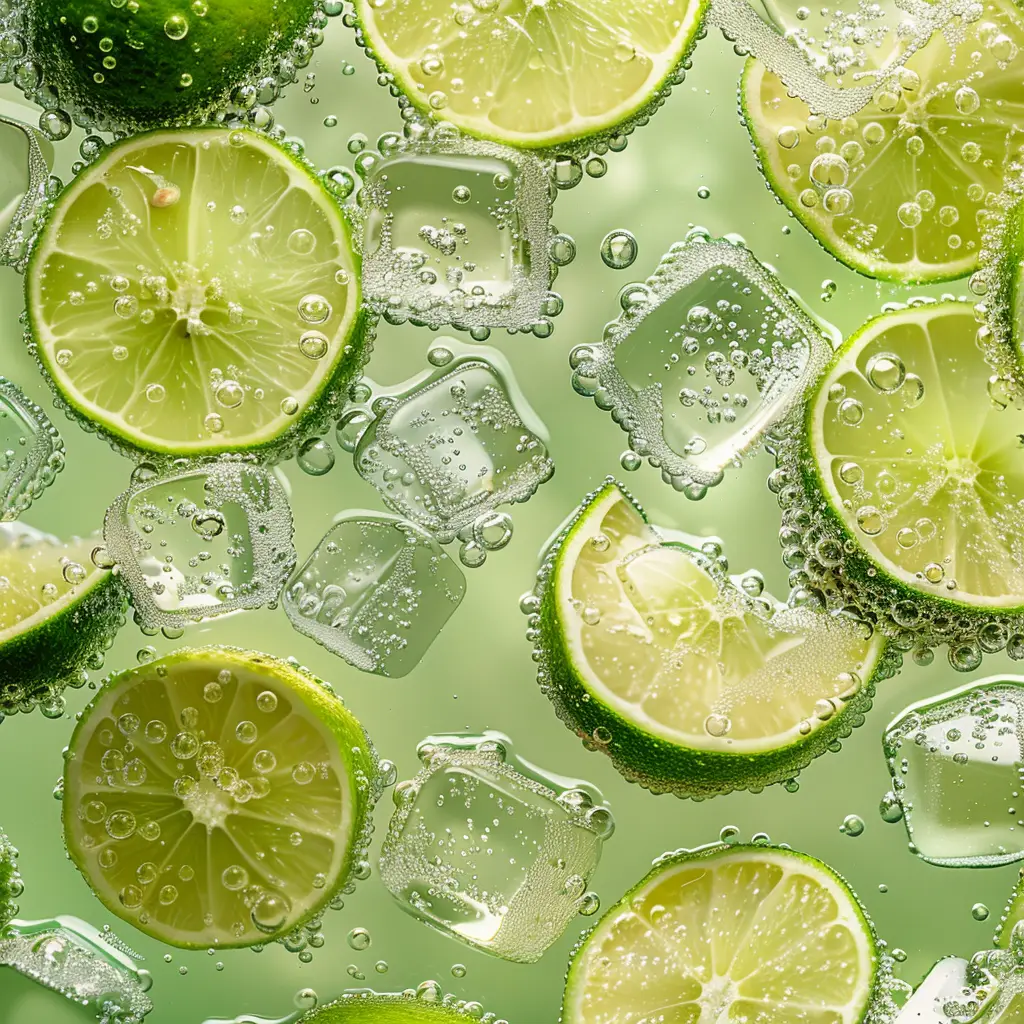 green lemon bubble slice ice cube sparkling water photography