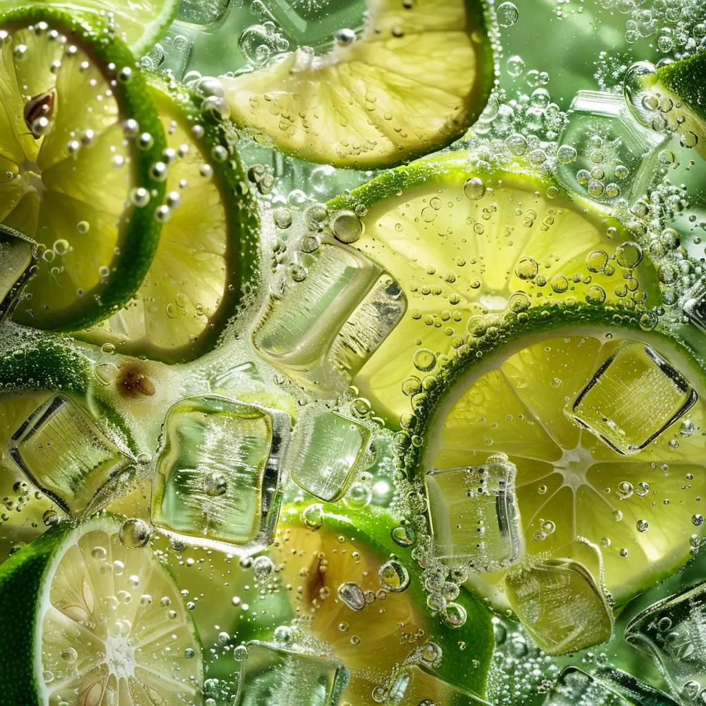 green lemon slice ice cube bubble sparkling water photography