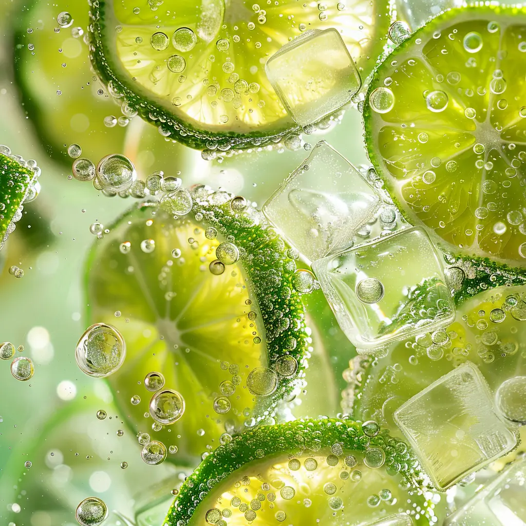 green lemon slice sparkling water ice cube bubble photography