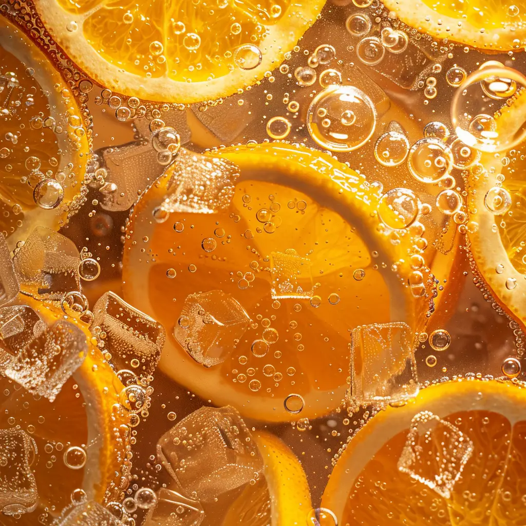 ice cube bubble orange slice sparkling water photography