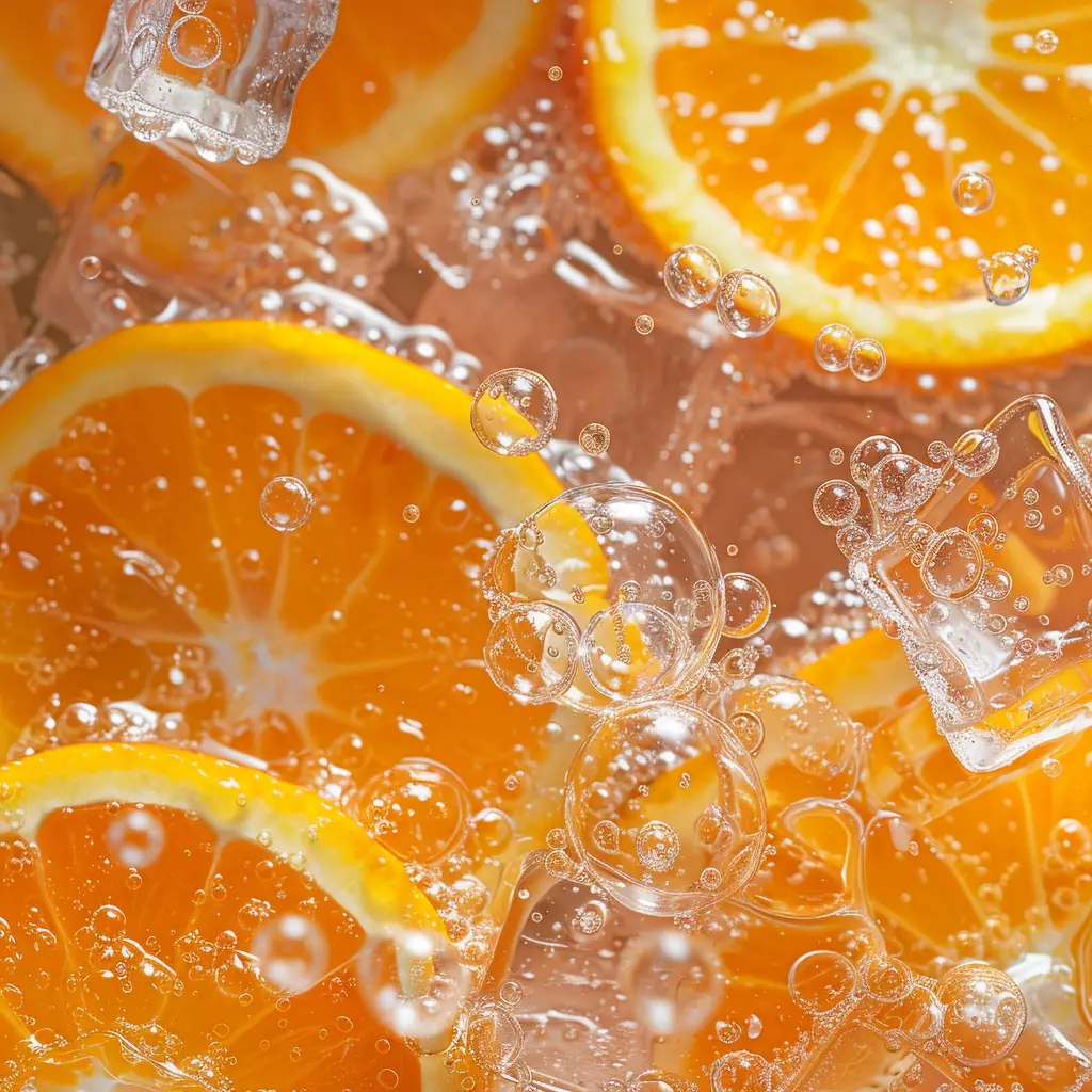 ice cube bubble sparkling water orange slice photography