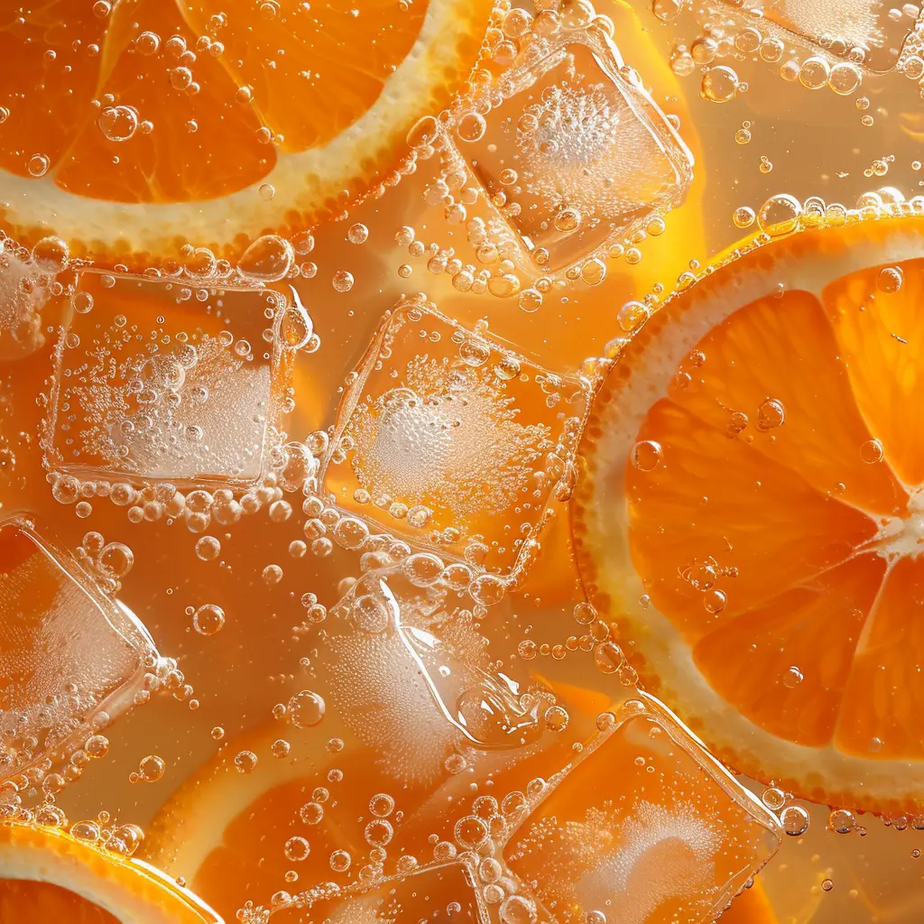 ice cube orange slice bubble sparkling water photography
