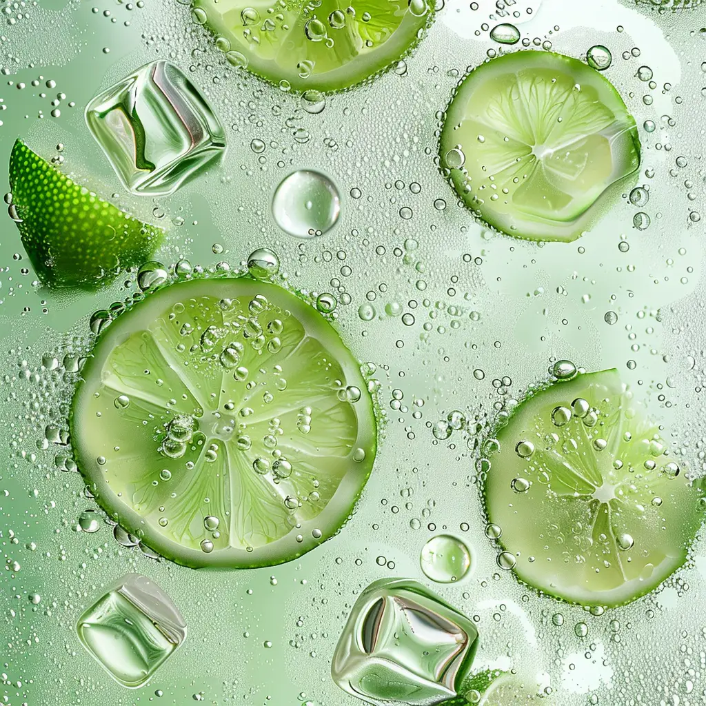 lemon lime slice ice cube sparkling water green bubble photography