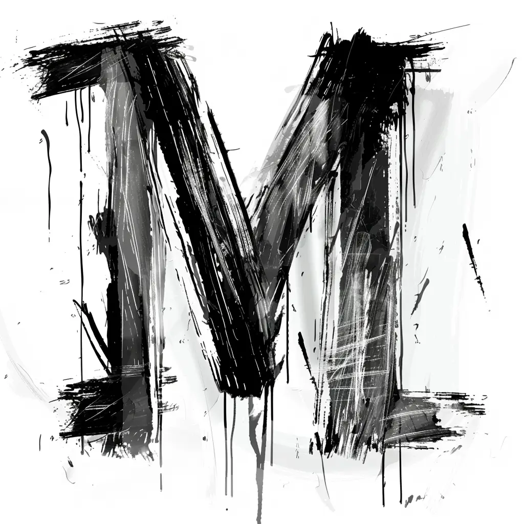 letter M brush ink art black and white font stroke