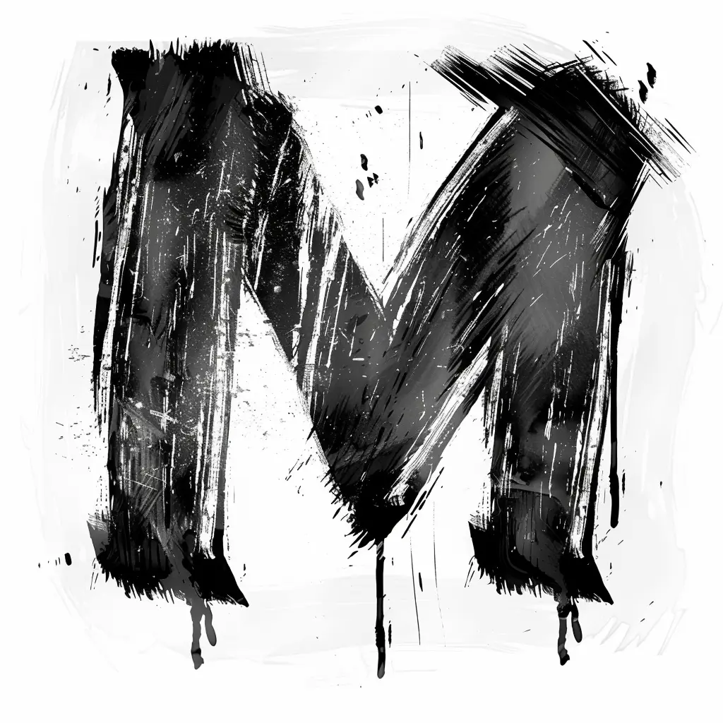 letter M brush ink black and white font art stroke