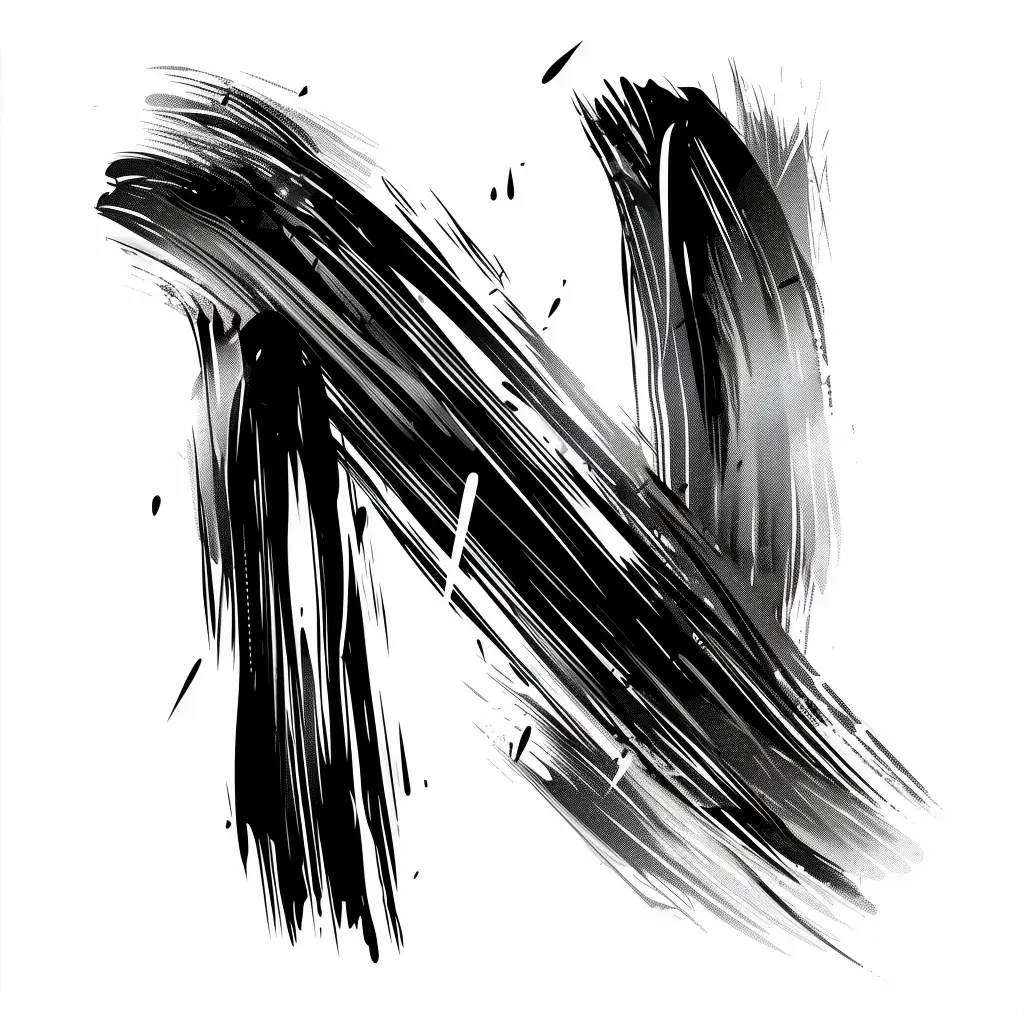 letter N brush ink art black and white font stroke