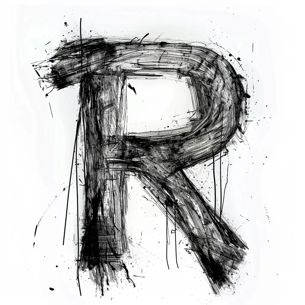 letter R brush ink black and white font art stroke