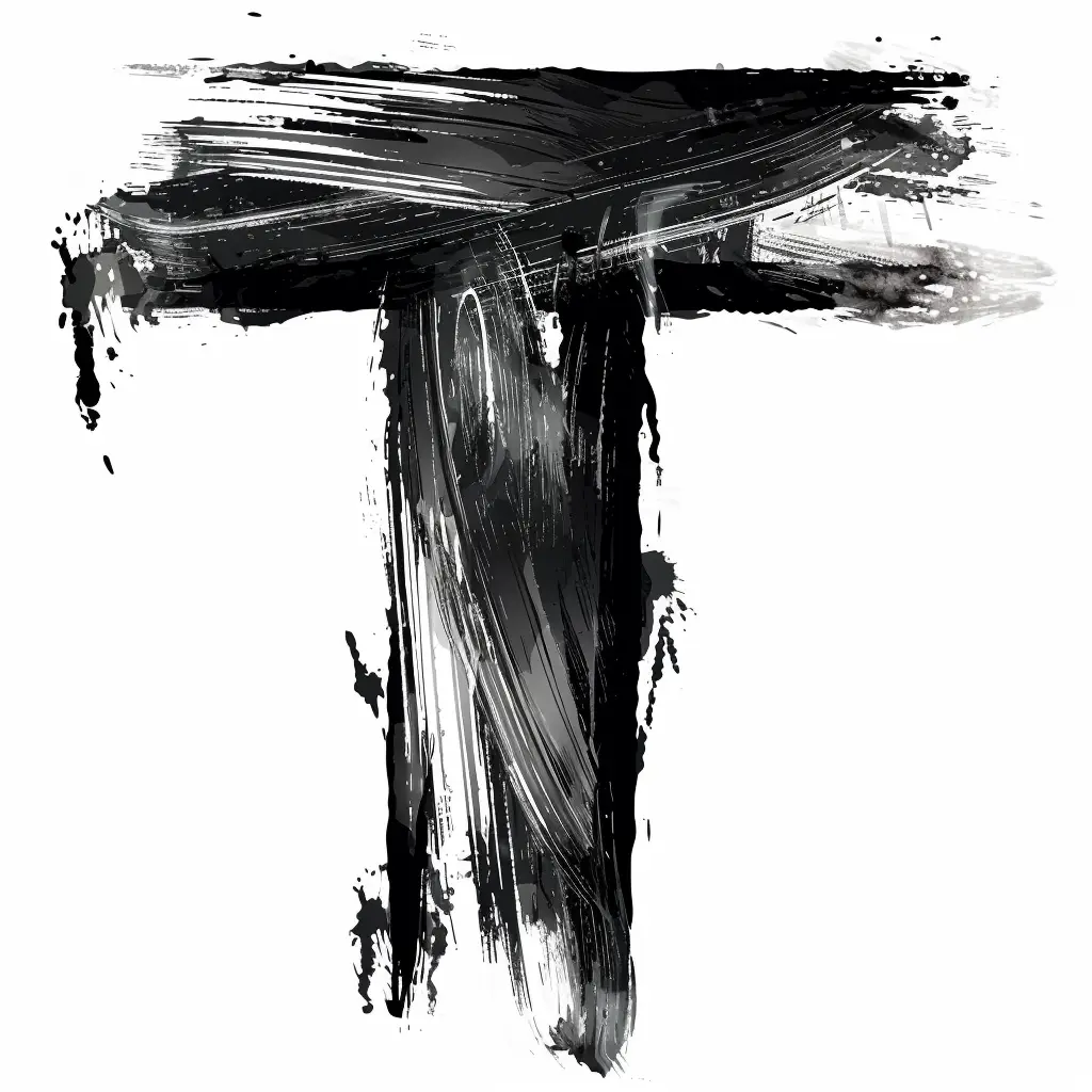 letter T brush ink art black and white font stroke