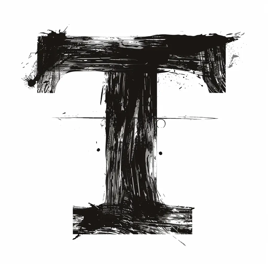 letter T brush ink black and white font stroke art