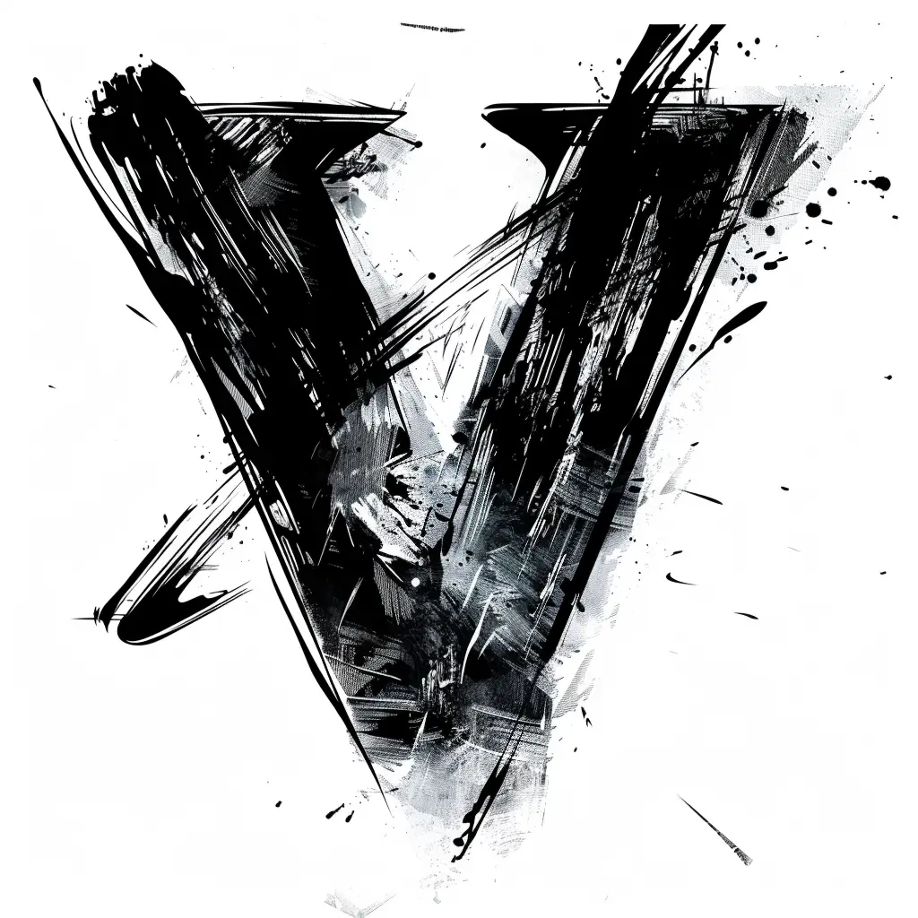 letter V brush ink art black and white font stroke