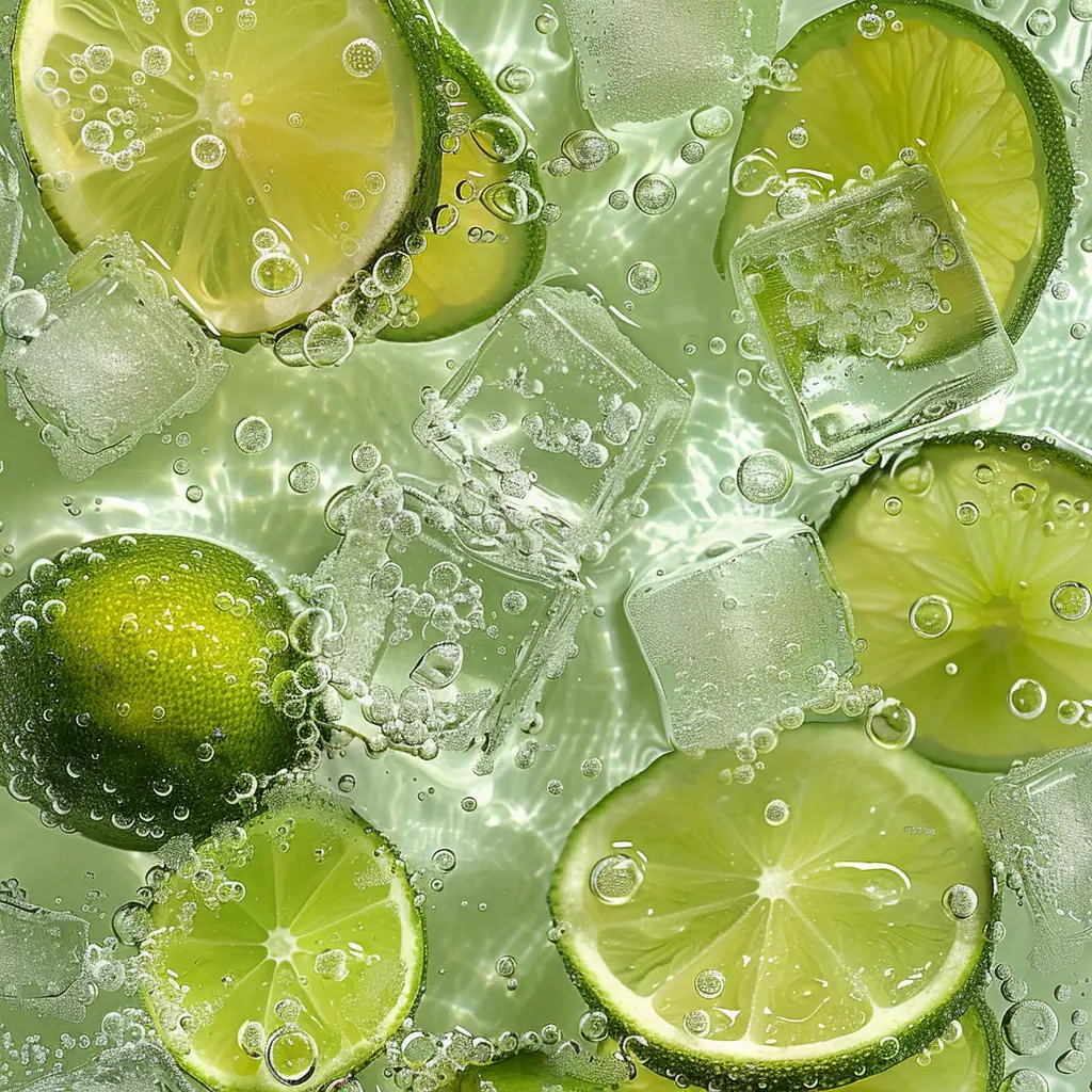 lime lemon slice sparkling water green bubble ice cube photography