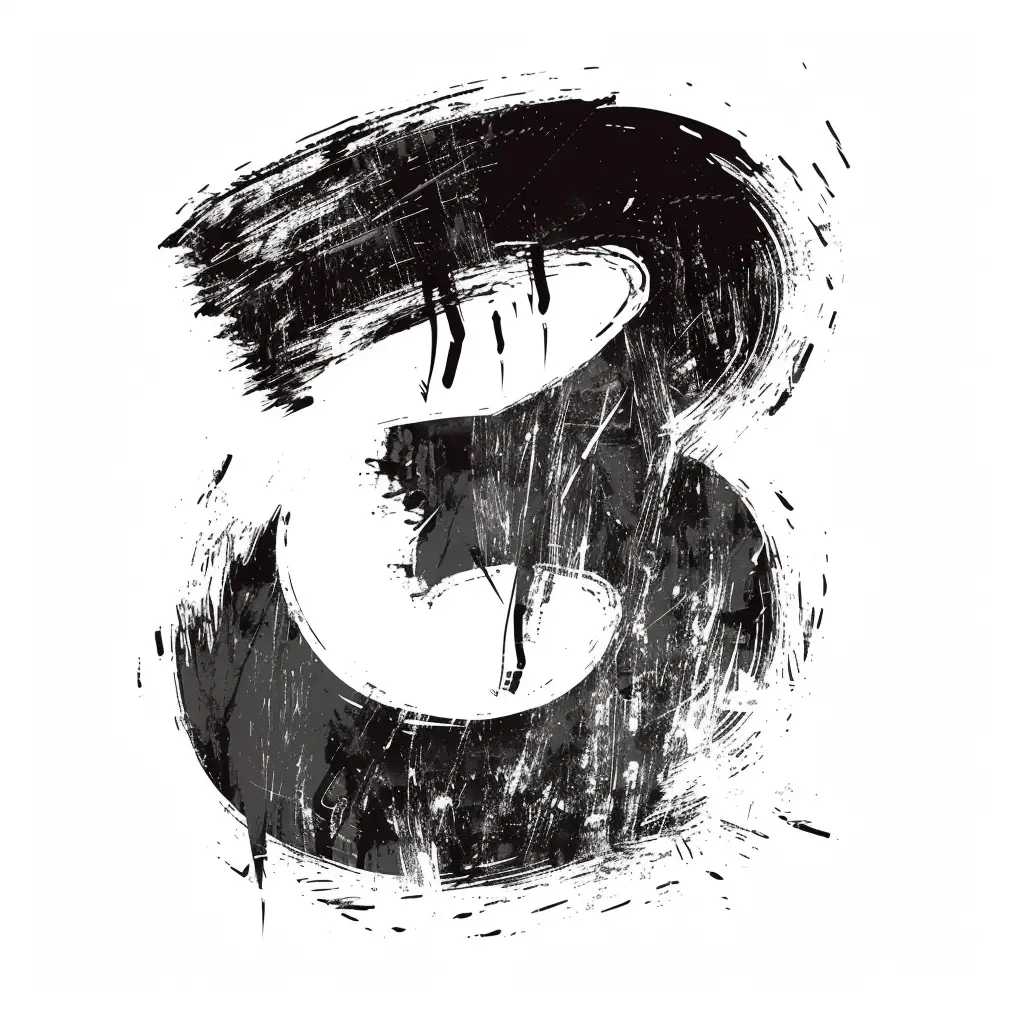 number 3 brush ink black and white letter art font stroke
