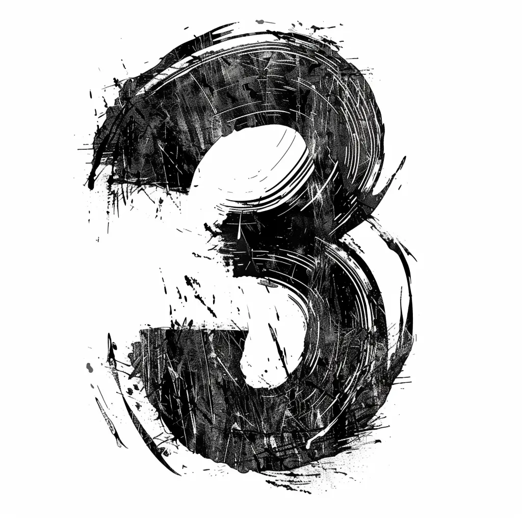 number 3 brush ink black and white letter font stroke art