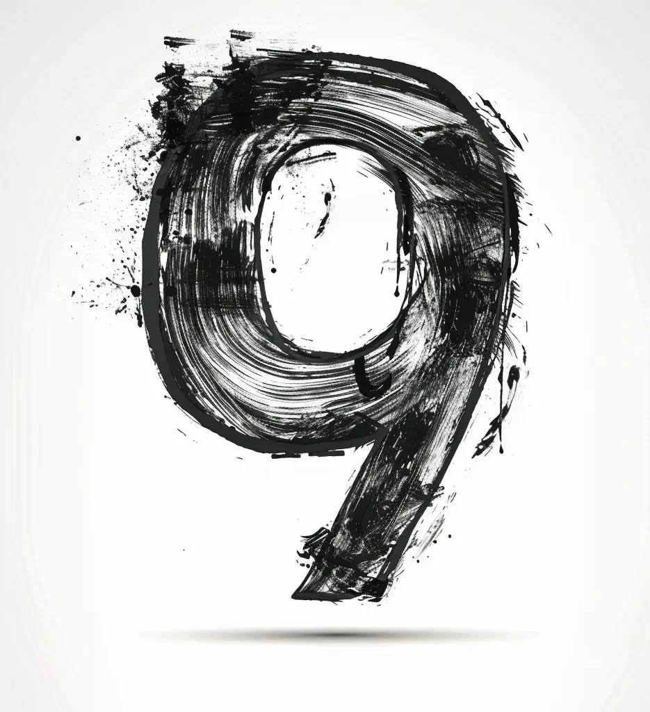 number 9 brush ink black and white art letter font stroke